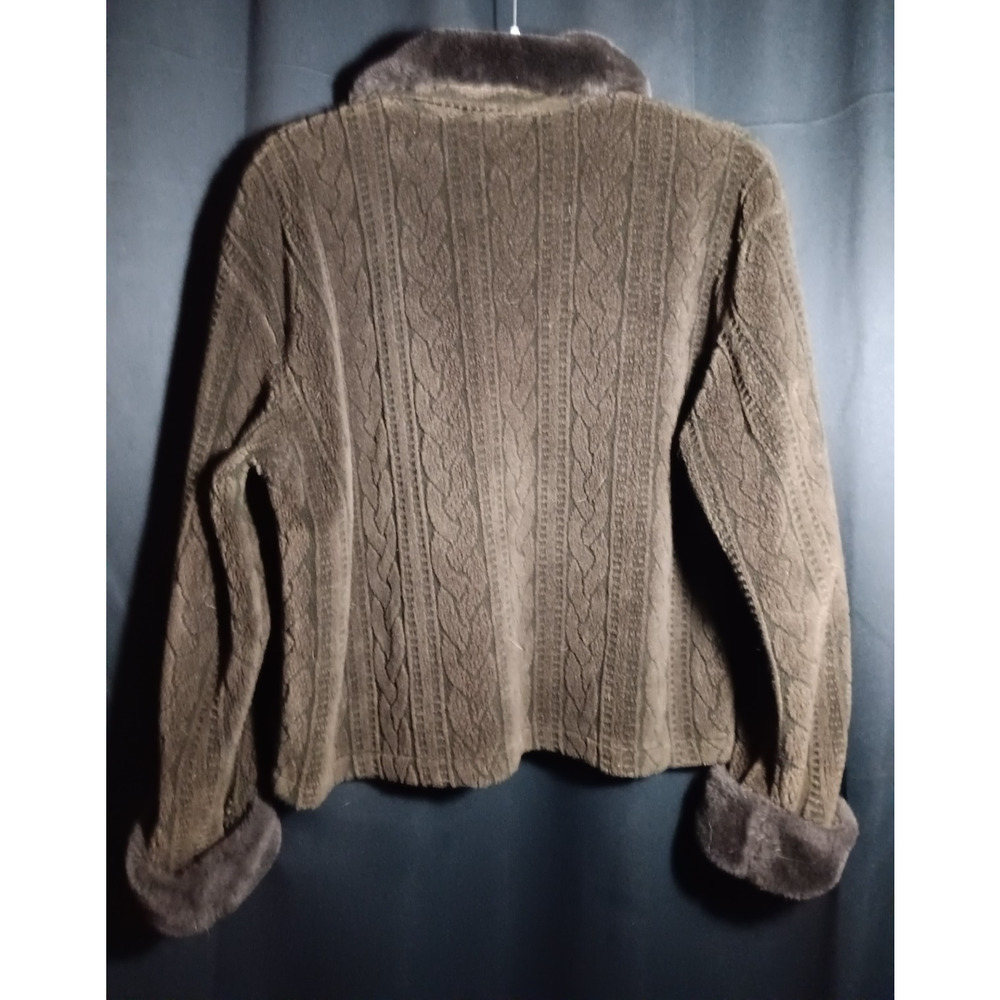 Willi Smith Women Large Cable Knit Zip Sweater Faux Fur Trim Y2K Boho Après Ski - Picture 6 of 6